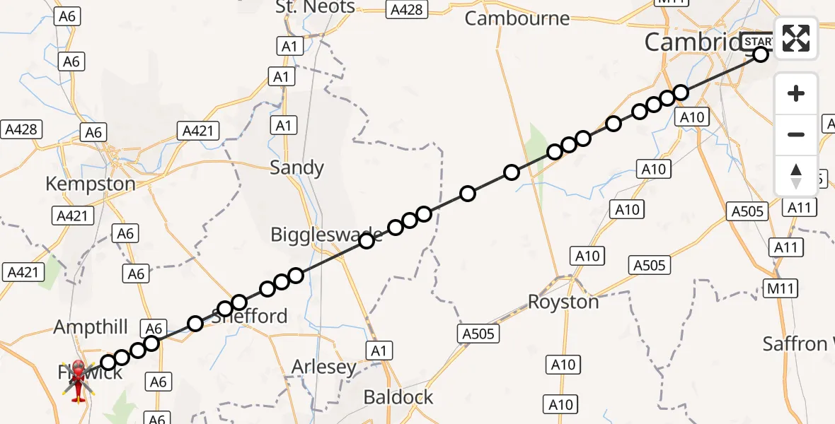 Flight route Air Ambulance Helicopter Cambridge City Airport - Flitwick, 24 August 2026, 16:14