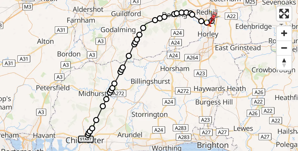 Flight route Air Ambulance Helicopter Chichester - Redhill Aerodrome, 24 August 2026, 16:24