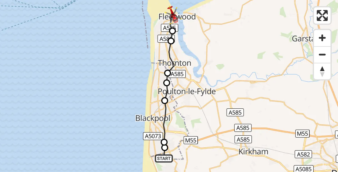 Flight route Air Ambulance Helicopter Blackpool Airport - Fleetwood, 24 August 2026, 16:27