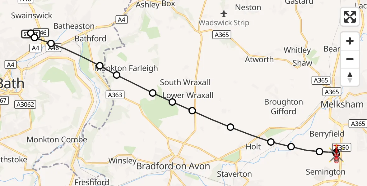 Flight route Air Ambulance Helicopter Bath - Wiltshire Air Ambulance, 24 August 2026, 16:45
