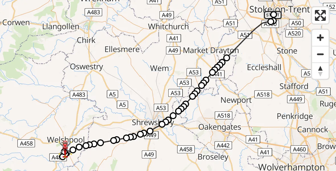 Flight route Air Ambulance Helicopter University Hospital North Staffs - Welshpool Airport, 24 August 2026, 16:51
