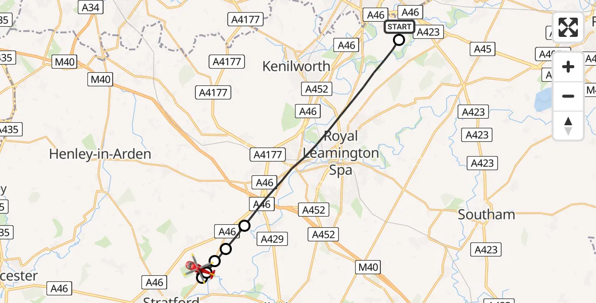Flight route Air Ambulance Helicopter Coventry Airport - Hampton Lucy CP, 24 August 2026, 16:53