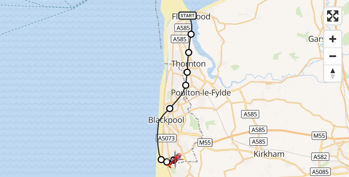 Flight route Air Ambulance Helicopter Fleetwood - Blackpool Airport, 24 August 2026, 16:56