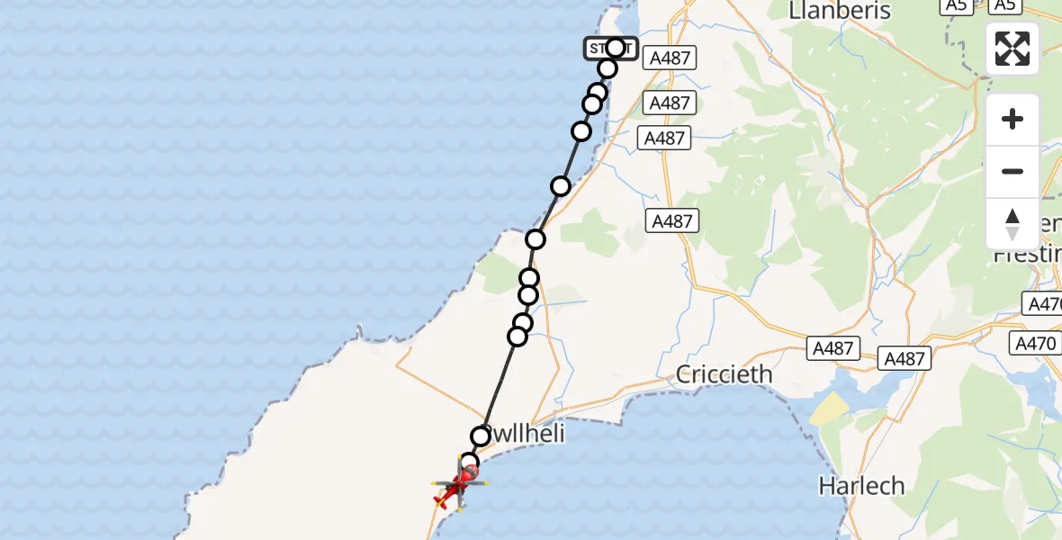 Flight route Air Ambulance Helicopter Caernarfon Airport - Llanbedrog, 24 August 2026, 16:57