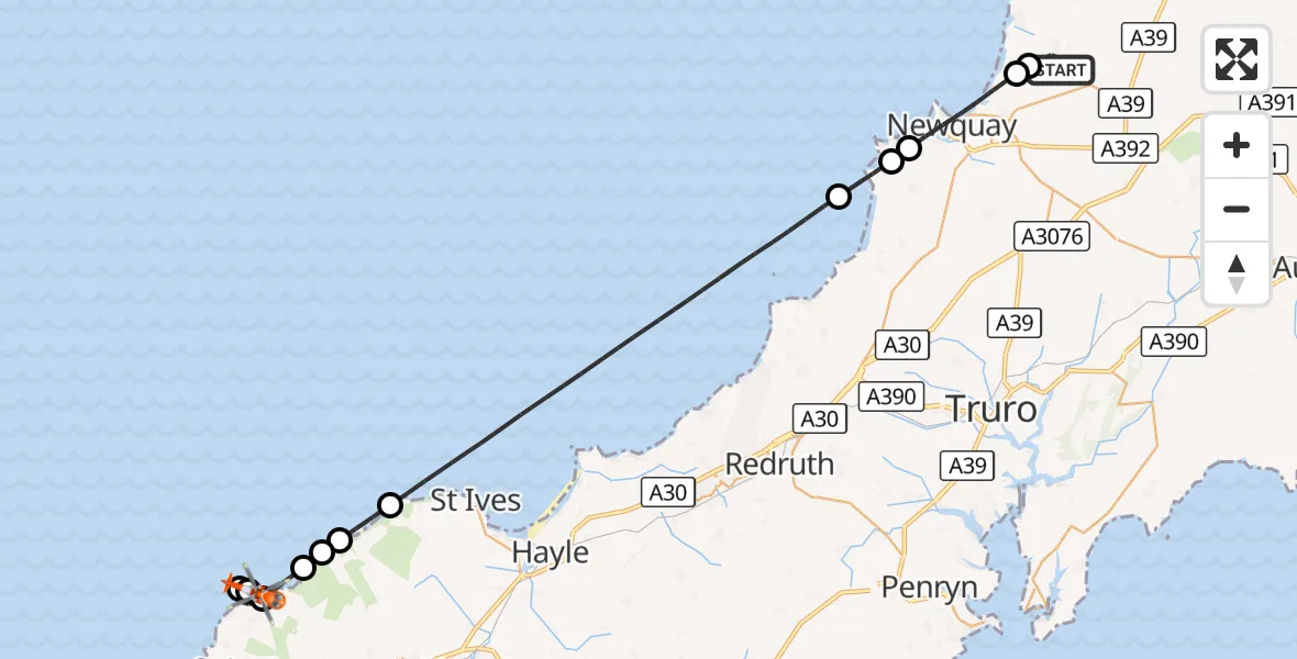 Flight route Coastguard Helicopter Cornwall Airport Newquay - St Just, 24 August 2026, 17:03
