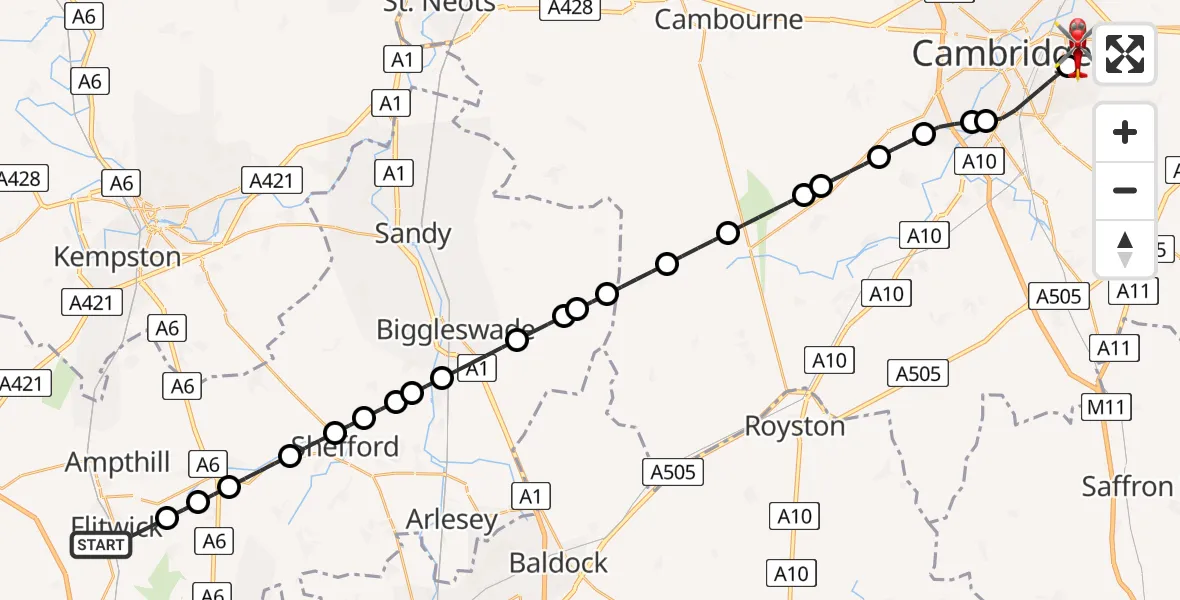 Flight route Air Ambulance Helicopter Flitwick - Cambridge City Airport, 24 August 2026, 17:31
