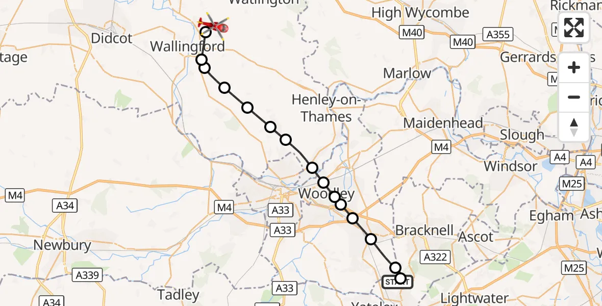Flight route Air Ambulance Helicopter Crowthorne - RAF Benson, 24 August 2026, 17:32