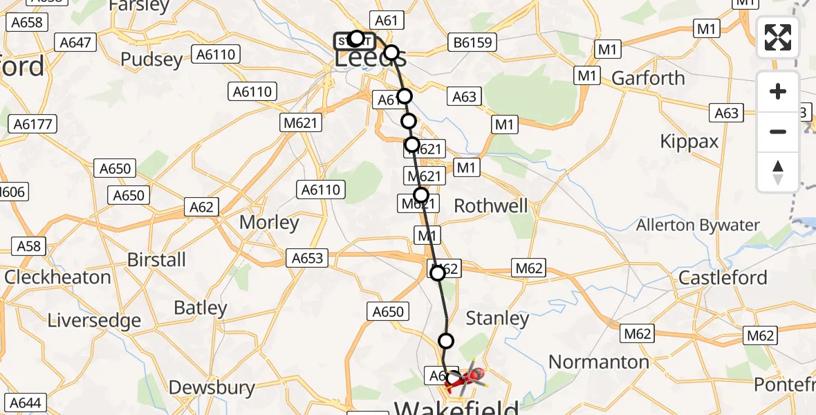 Flight route Air Ambulance Helicopter Woodhouse - Stanley, 24 August 2026, 17:32