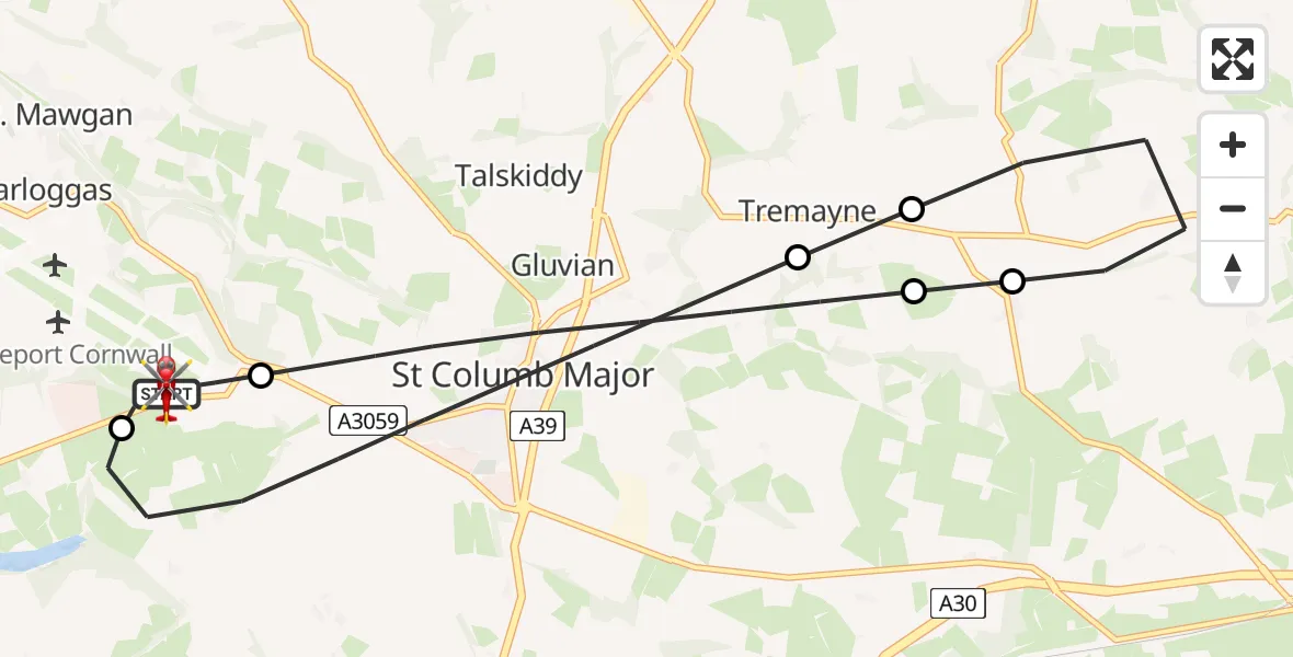 Flight route Air Ambulance Helicopter Cornwall Airport Newquay - Cornwall Airport Newquay, 24 August 2026, 17:37
