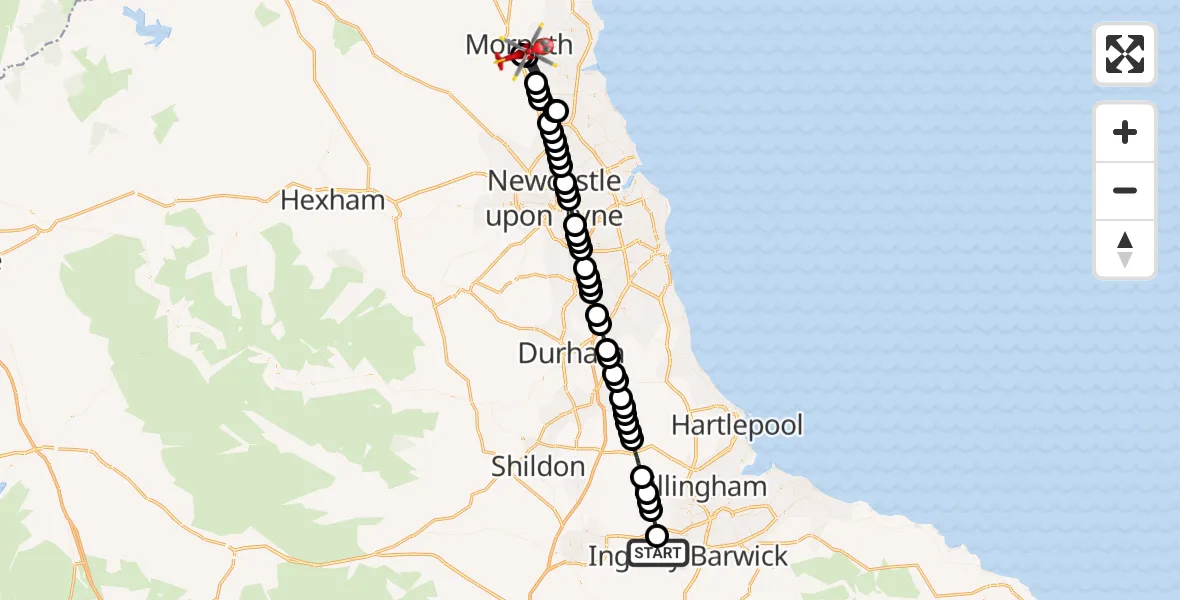 Flight route Air Ambulance Helicopter Egglescliffe - Morpeth, 24 August 2026, 17:42