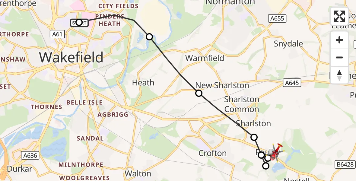 Flight route Air Ambulance Helicopter Newton Hill - YAA Nostell Helicopter Port, 24 August 2026, 17:47