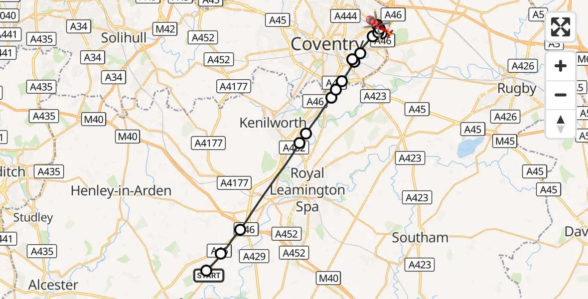 Flight route Air Ambulance Helicopter Snitterfield CP - Walsgrave, 24 August 2026, 17:52
