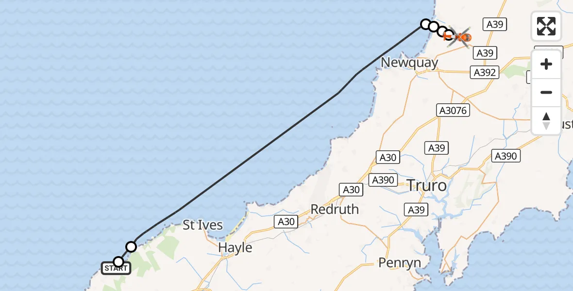 Flight route Coastguard Helicopter Bojewyan - Cornwall Airport Newquay, 24 August 2026, 18:04