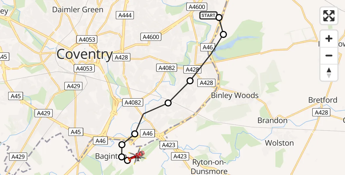 Flight route Air Ambulance Helicopter University Hospital Coventry - Coventry Airport, 24 August 2026, 18:34