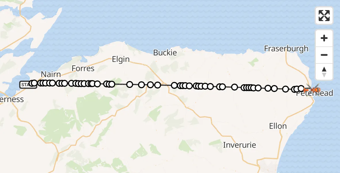 Flight route Coastguard Helicopter Inverness Airport - Peterhead, 24 August 2026, 18:34