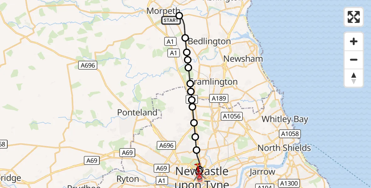 Flight route Air Ambulance Helicopter Morpeth - Newcastle Royal Victoria Infirmary, 24 August 2026, 18:39