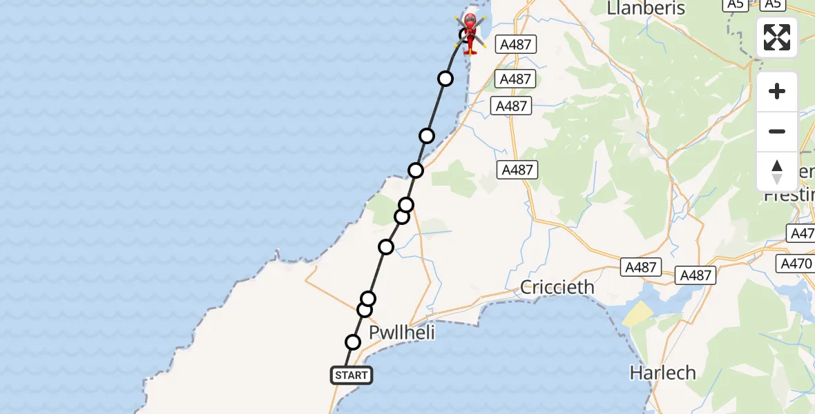 Flight route Air Ambulance Helicopter Llanbedrog - Caernarfon Airport, 24 August 2026, 18:42