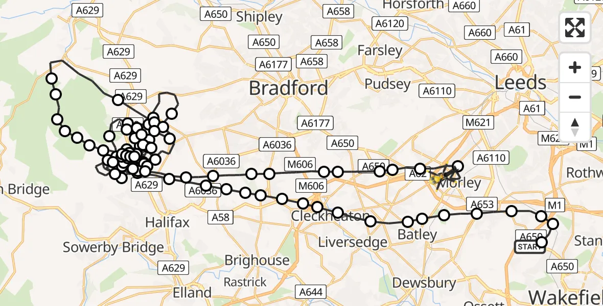 Flight route Police Helicopter East Ardsley - Gildersome, 24 August 2026, 18:48