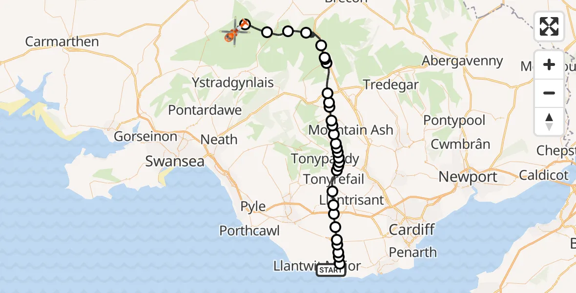 Flight route Coastguard Helicopter MOD St Athan - Llanddeusant, 24 August 2026, 18:56