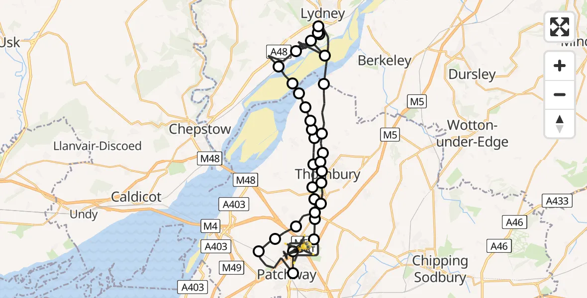 Flight route Police Helicopter Woodlands - Almondsbury Helicopter Base, 24 August 2026, 19:02