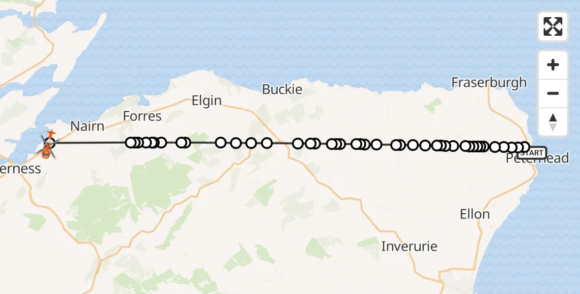 Flight route Coastguard Helicopter Peterhead - Inverness Airport, 24 August 2026, 19:08