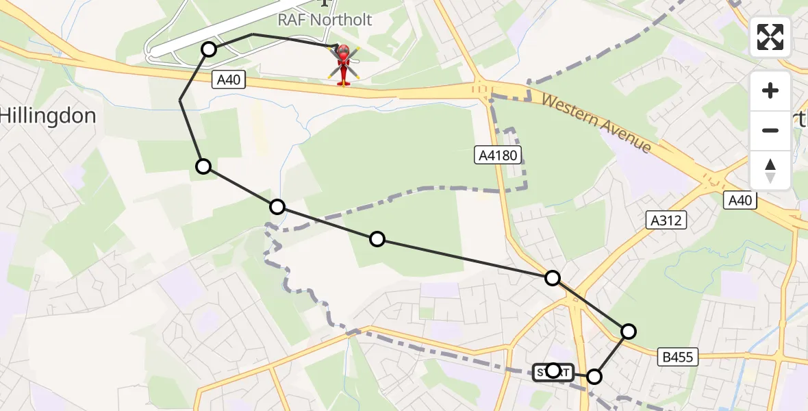 Flight route Air Ambulance Helicopter Ufton Court - RAF Northolt, 24 August 2026, 19:21