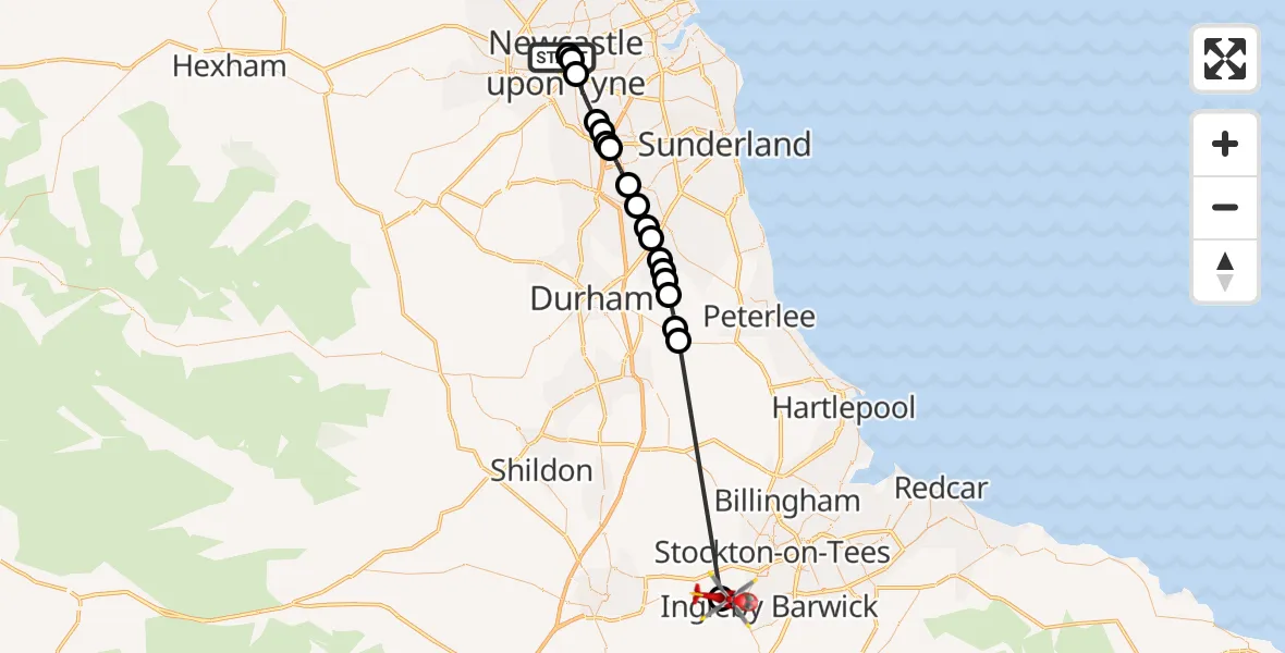 Flight route Air Ambulance Helicopter Newcastle Royal Victoria Infirmary - Egglescliffe, 24 August 2026, 19:24