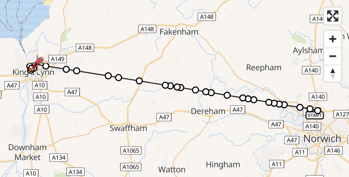 Flight route Air Ambulance Helicopter Norwich Airport - King's Lynn, 24 August 2026, 19:41