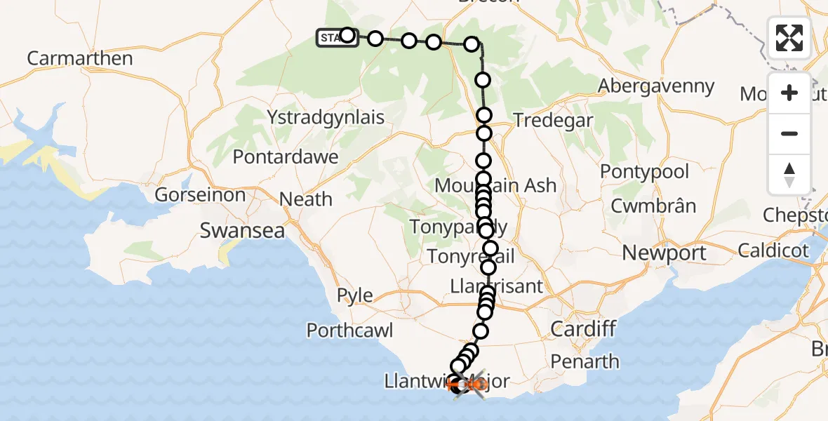 Flight route Coastguard Helicopter Llanddeusant - MOD St Athan, 24 August 2026, 19:49