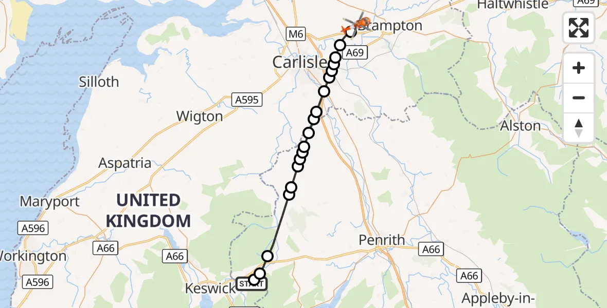 Flight route Coastguard Helicopter Threlkeld - Carlisle Lake District Airport, 24 August 2026, 19:55