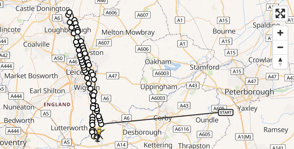 Flight route Police Helicopter Warmington - Harborough, 24 August 2026, 20:38