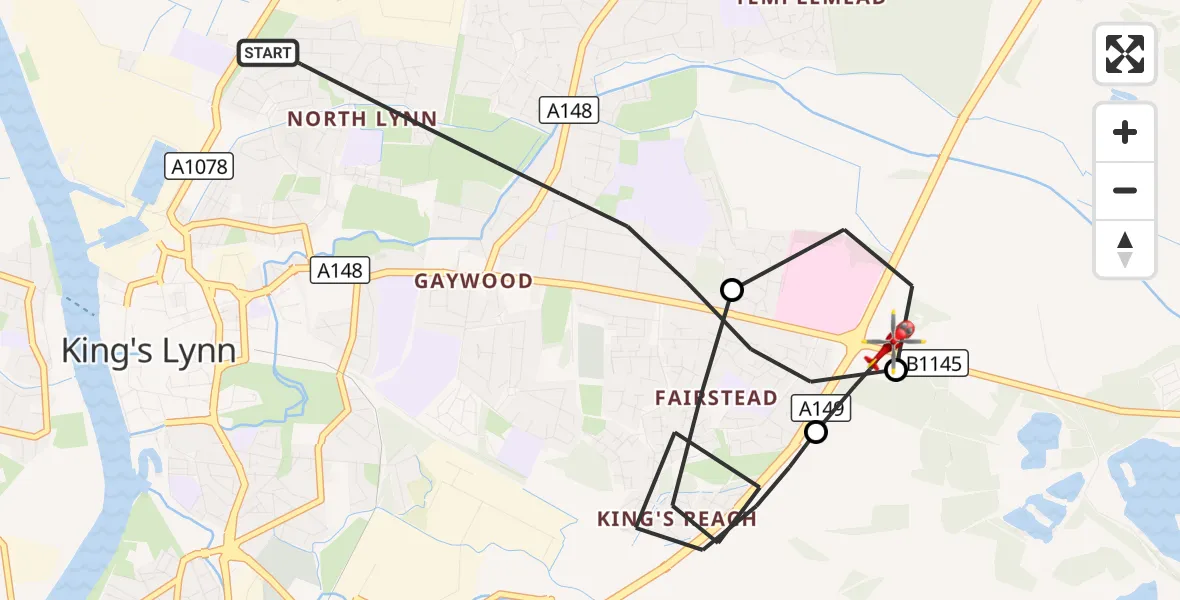 Flight route Air Ambulance Helicopter King's Lynn - King's Lynn and West Norfolk, 24 August 2026, 20:41