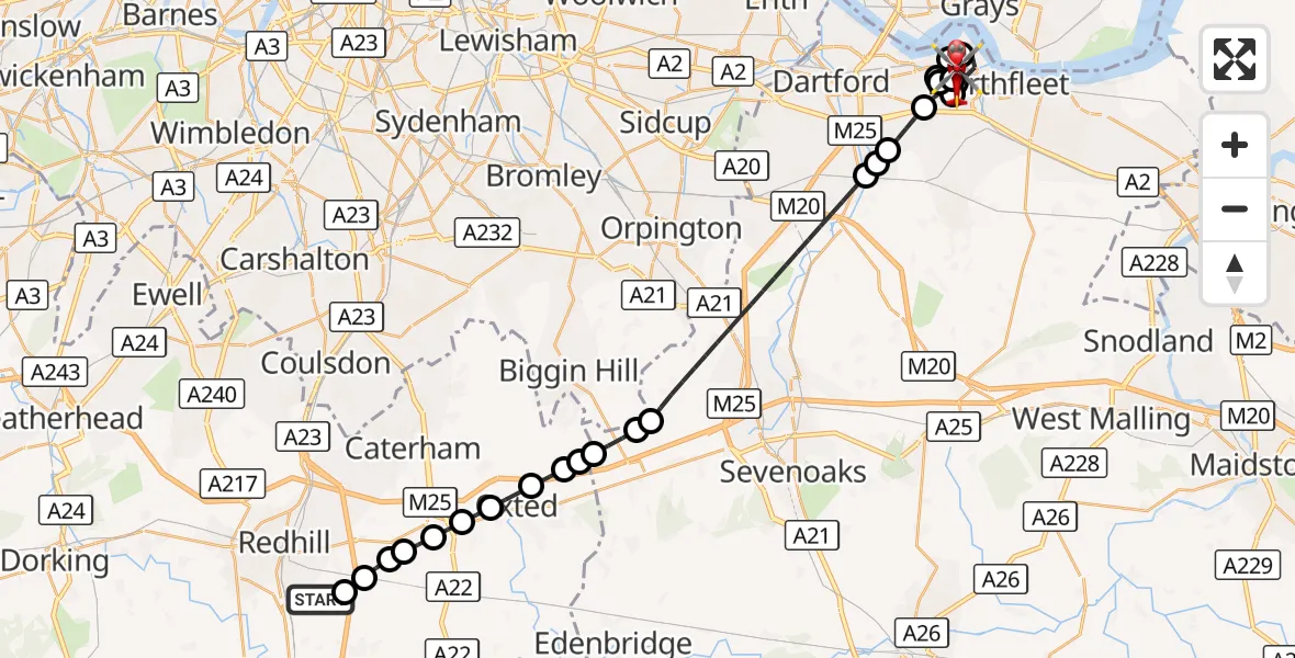 Flight route Air Ambulance Helicopter Redhill Aerodrome - Dartford, 24 August 2026, 21:38