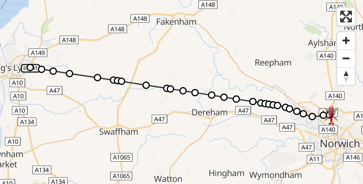 Flight route Air Ambulance Helicopter Queen Elizabeth Hospital - Norwich Airport, 24 August 2026, 22:03