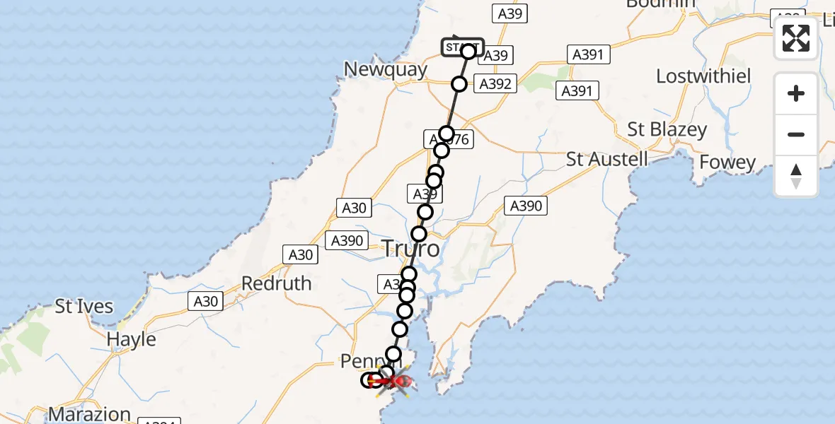 Flight route Air Ambulance Helicopter Cornwall Airport Newquay - Falmouth, 24 August 2026, 22:15