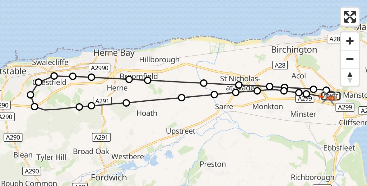 Flight route Coastguard Helicopter Manston Airport - Manston Airport, 24 August 2026, 22:51