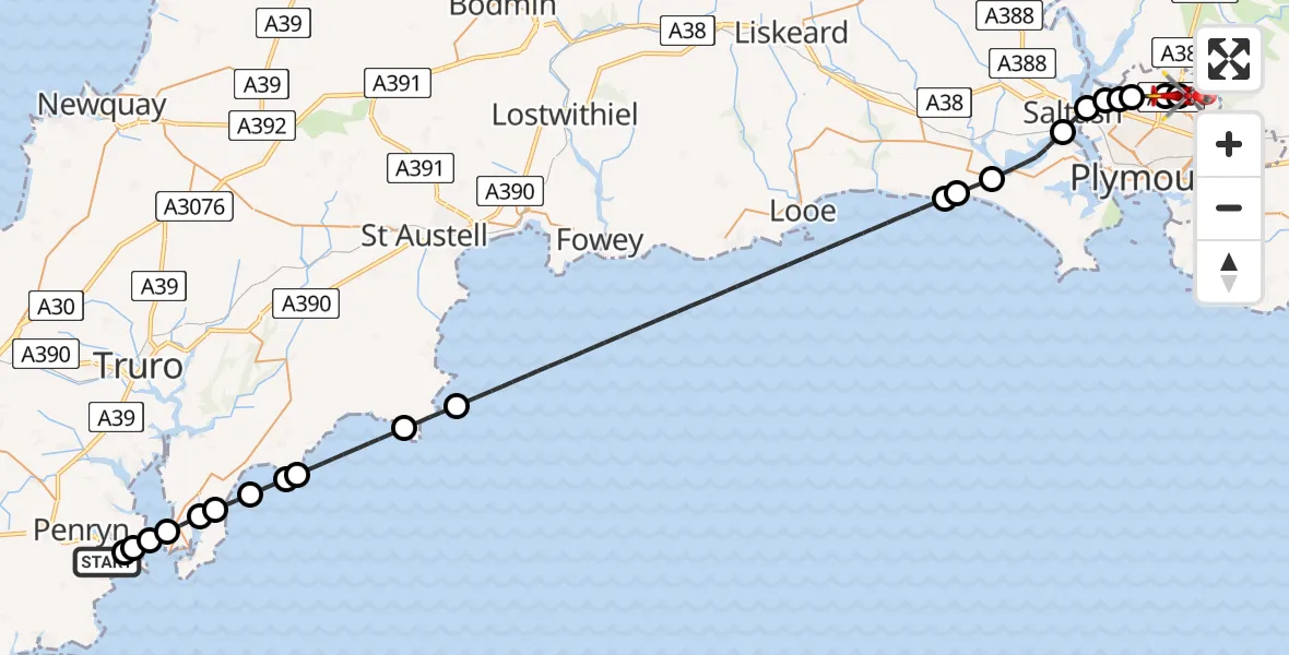 Flight route Air Ambulance Helicopter Falmouth - Derriford Hospital, 24 August 2026, 23:08