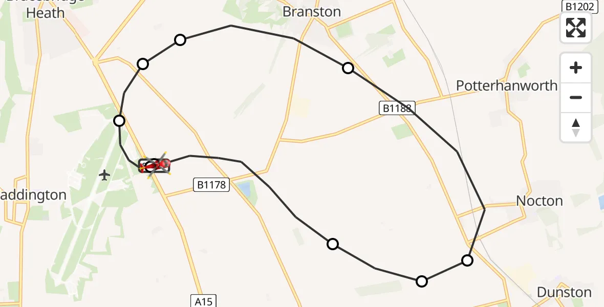 Flight route Air Ambulance Helicopter RAF Waddington - North Kesteven, 24 August 2026, 23:50