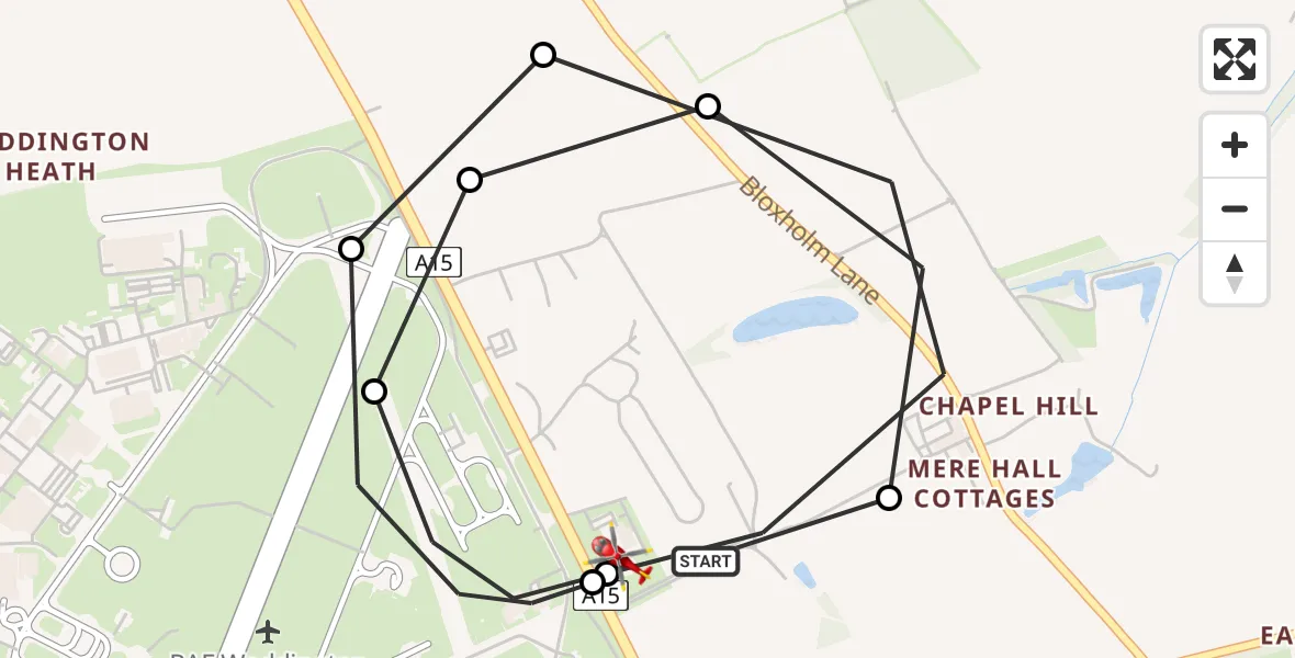 Flight route Air Ambulance Helicopter RAF Waddington - North Kesteven, 25 August 2026, 00:01