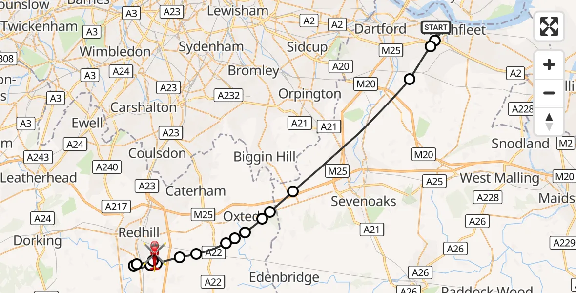 Flight route Air Ambulance Helicopter Dartford - Redhill Aerodrome, 25 August 2026, 00:16