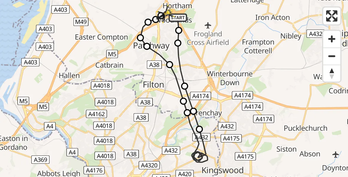 Flight route Police Helicopter Woodlands - Almondsbury Helicopter Base, 25 August 2026, 00:18
