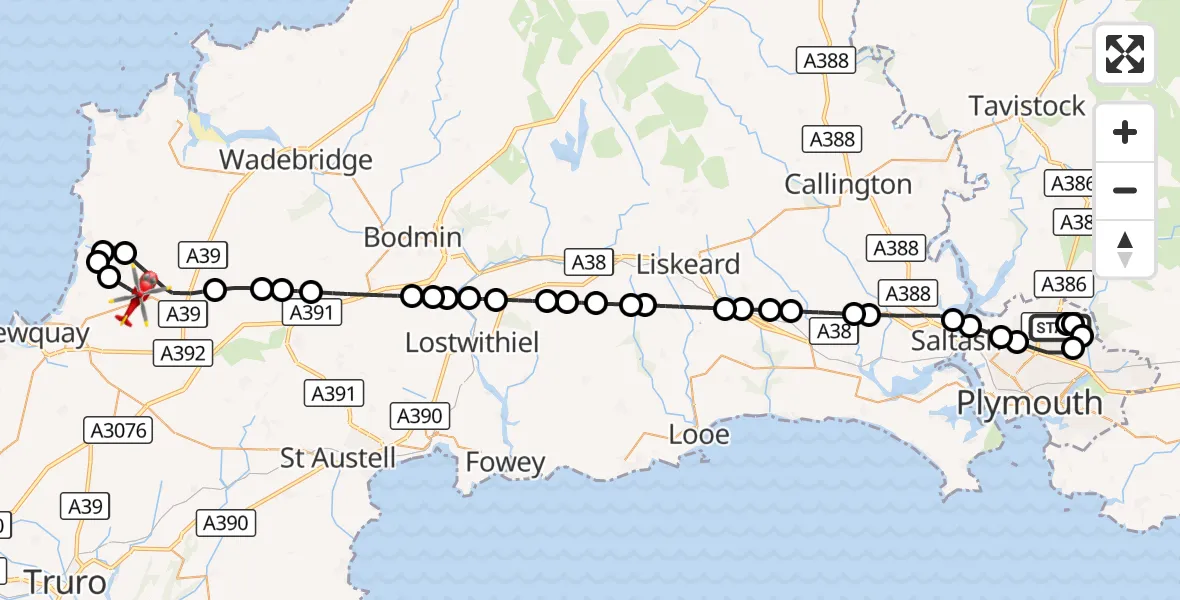 Flight route Air Ambulance Helicopter Derriford Hospital - Cornwall Airport Newquay, 25 August 2026, 00:18