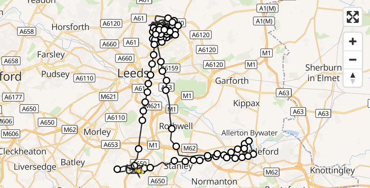 Flight route Police Helicopter East Ardsley - Ossett, 25 August 2026, 02:11