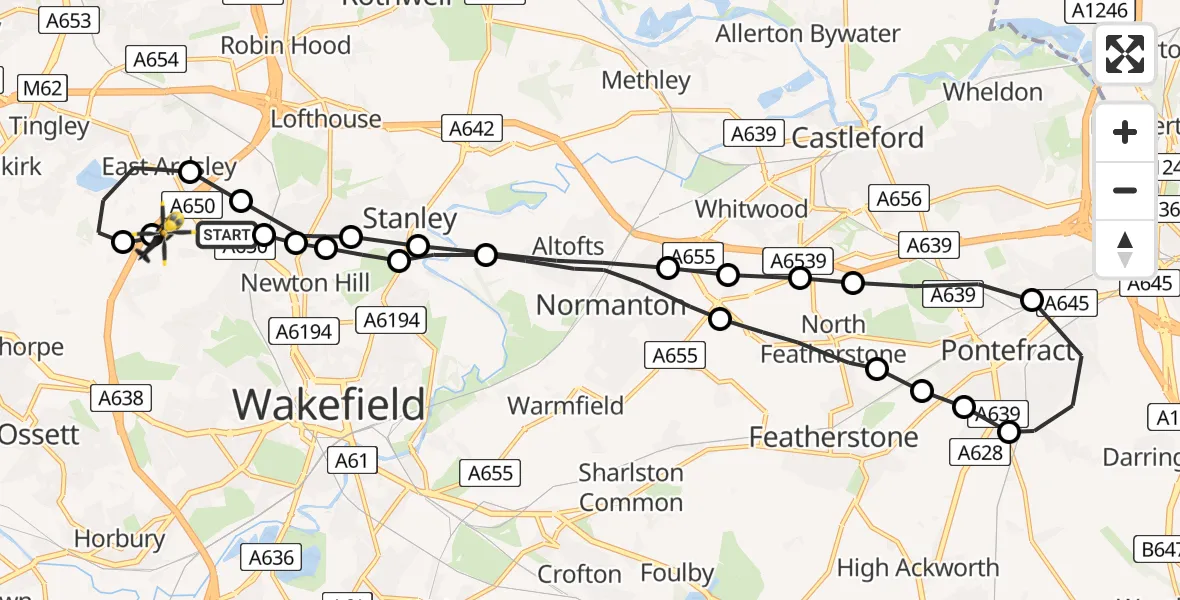 Flight route Police Helicopter Newton Hill - Ossett, 25 August 2026, 04:45