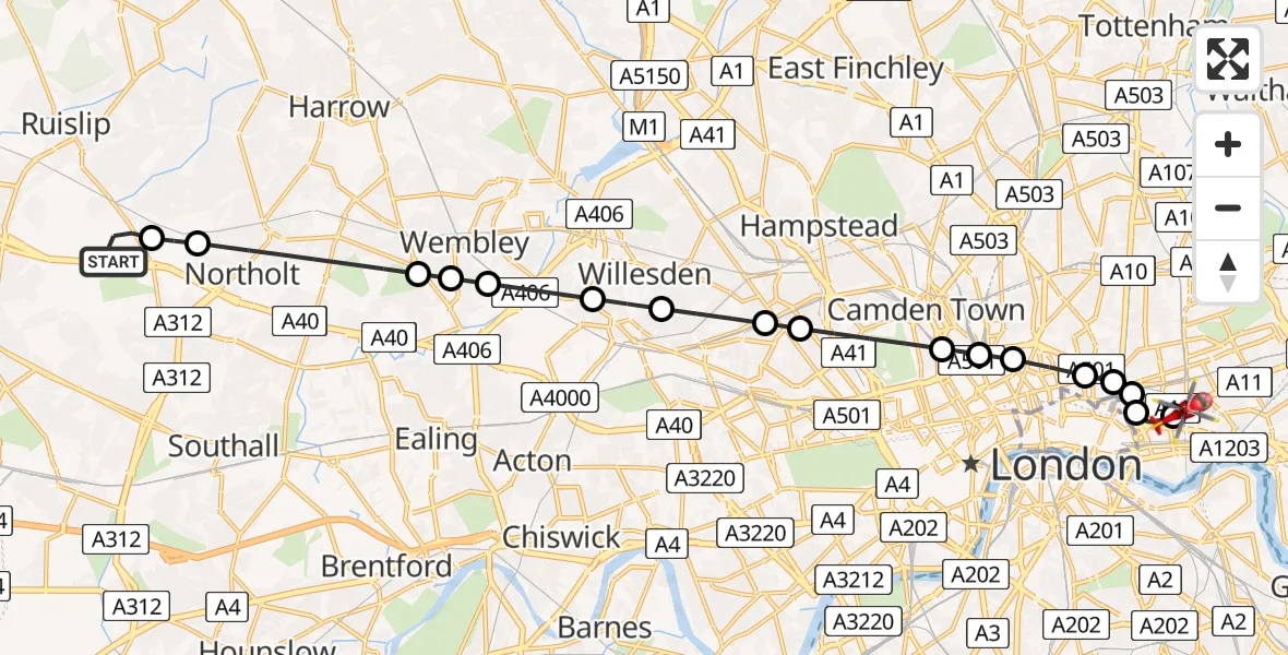 Flight route Air Ambulance Helicopter RAF Northolt - Royal London Hospital, 25 August 2026, 06:40