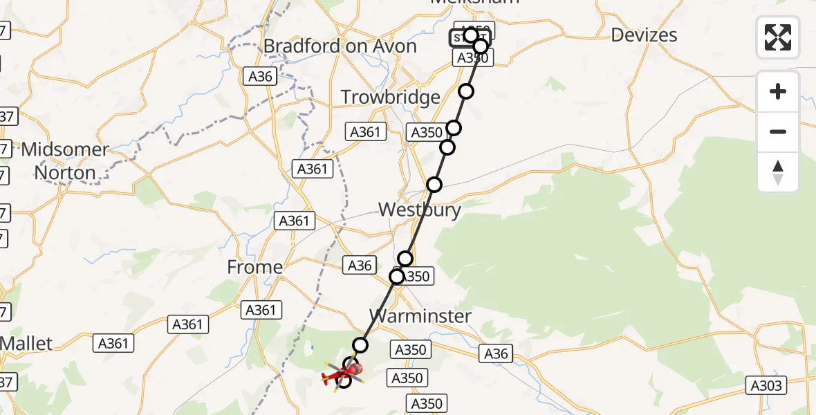 Flight route Air Ambulance Helicopter Wiltshire Air Ambulance - Horningsham, 25 August 2026, 07:22