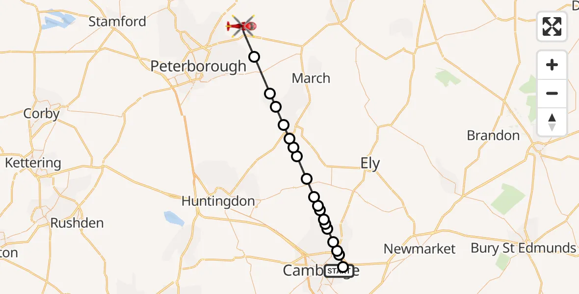Flight route Air Ambulance Helicopter Cambridge City Airport - Thorney, 25 August 2026, 07:23