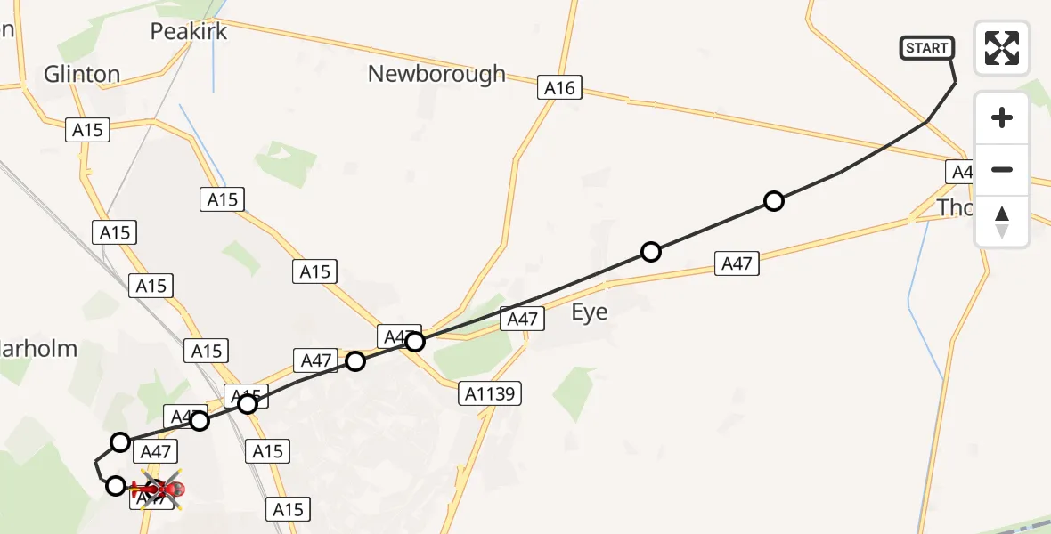 Flight route Air Ambulance Helicopter Thorney - Peterborough City Hospital, 25 August 2026, 08:26