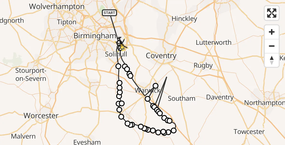 Flight route Police Helicopter Sutton Coldfield - Birmingham Airport, 25 August 2026, 08:33