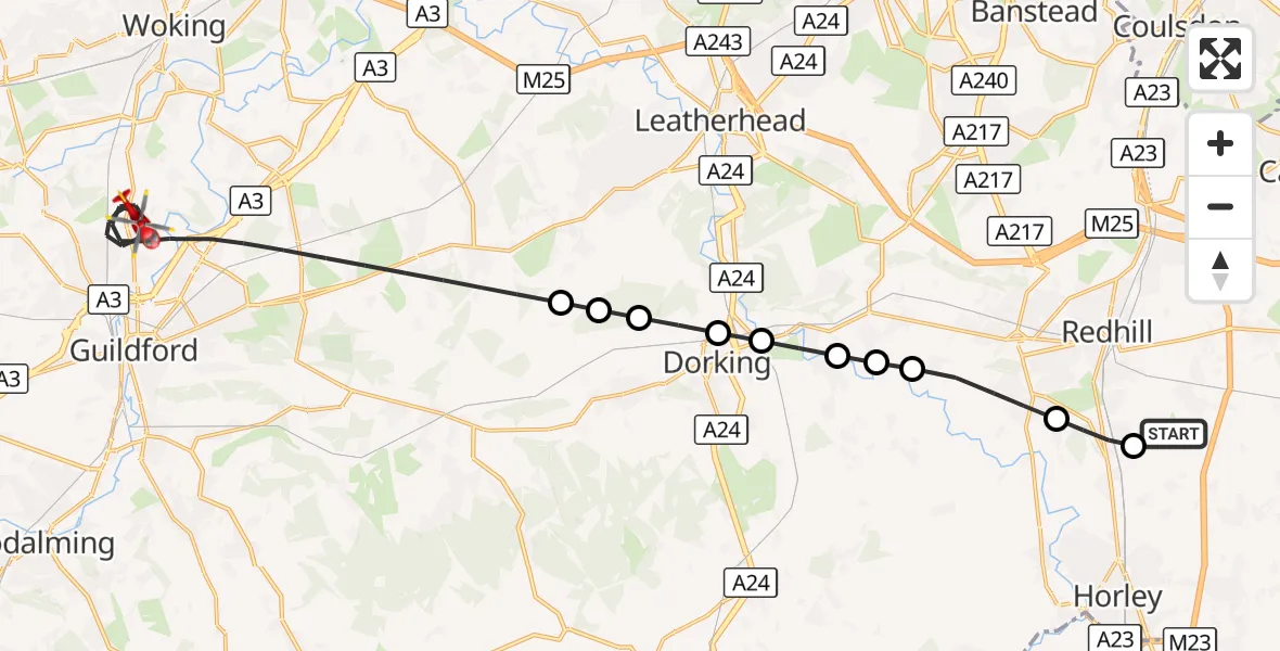 Flight route Air Ambulance Helicopter Redhill Aerodrome - Guildford, 25 August 2026, 08:47